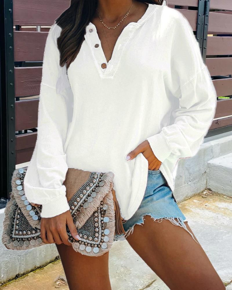 

Plus Size Button Detail Long Sleeve Top, White
