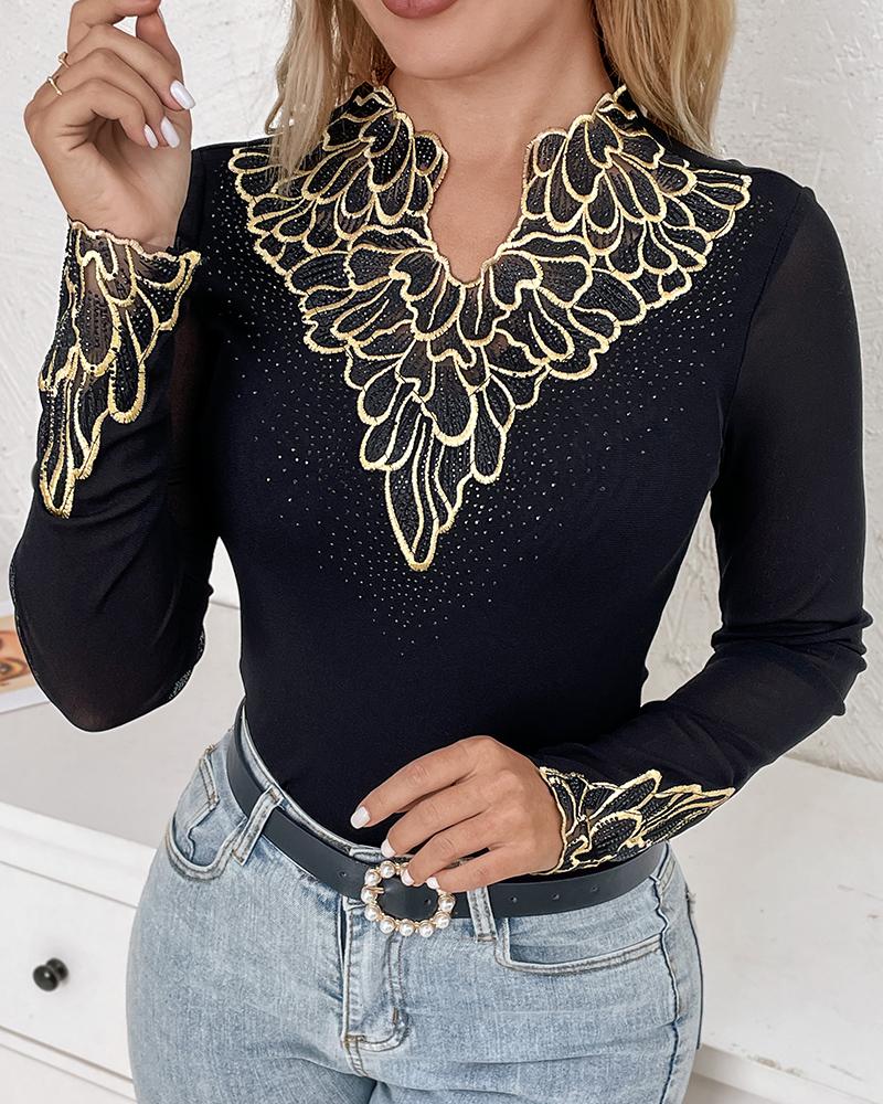

Rhinestone Embroidery Contrast Mesh Long Sleeve Top, Black