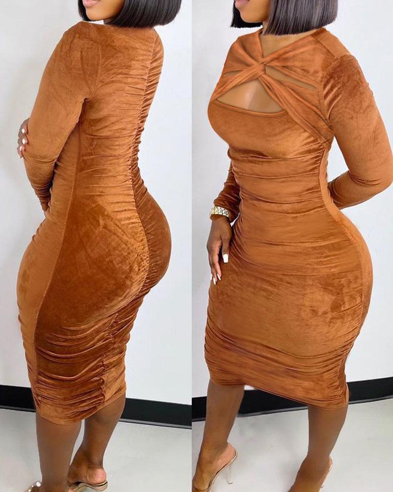 

Velvet Twist Cutout Front Ruched Bodycon Dress, Brown