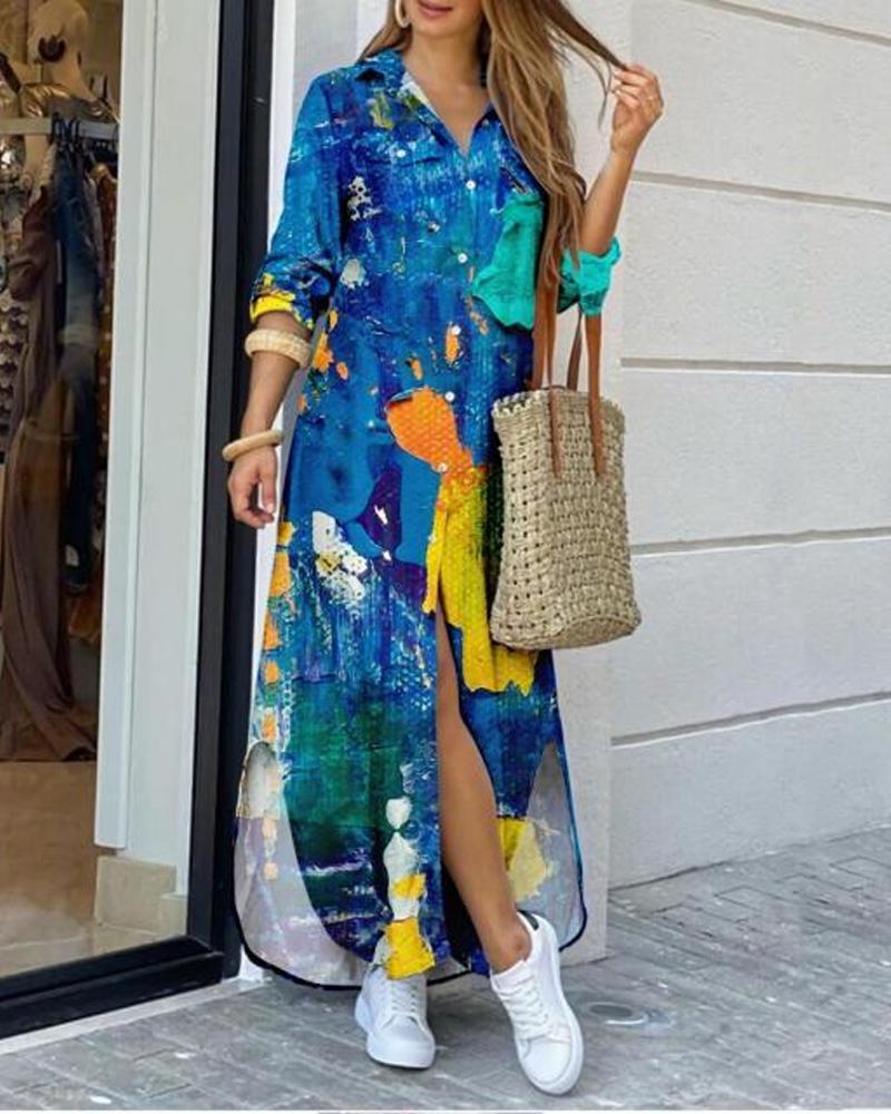 

Allover Print Curved Hem Button Front Shirt Dress, Blue