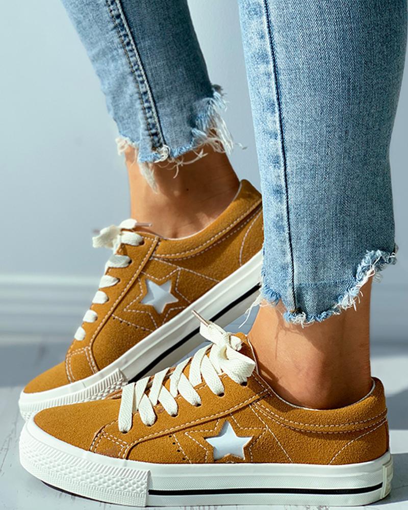 

Star Pattern Cutout Lace-up Suede Shoes, Yellow