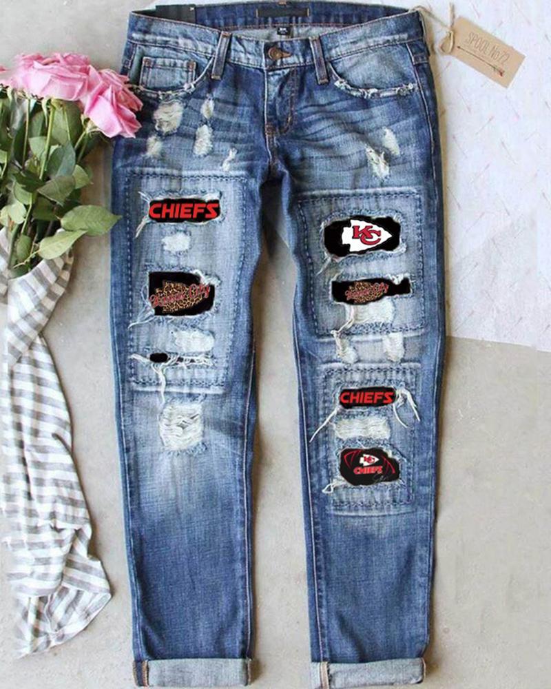 

Letter Pattern Ripped High Waist Jeans, Blue