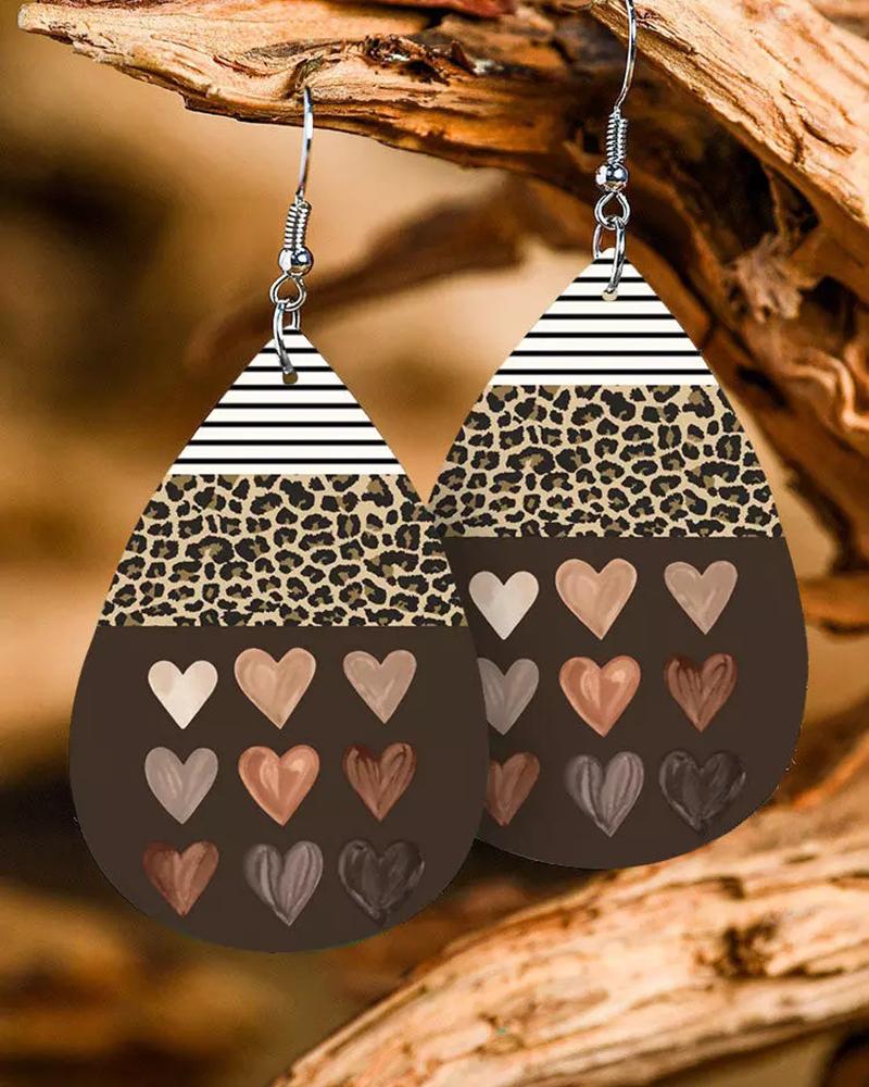 

1Pair Valentine's Day Leopard Striped Heart Water Drop Earrings, Black