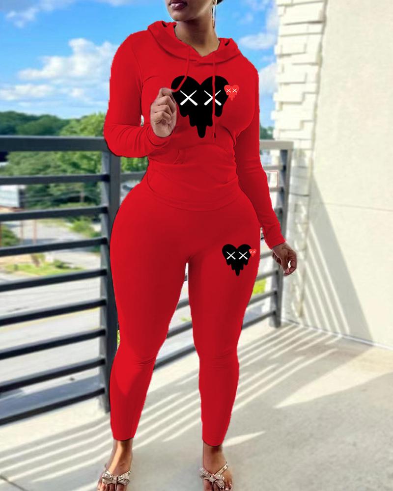 

Plus Size Valentine's Day Heart Print Hoodie & Pants Set, Red