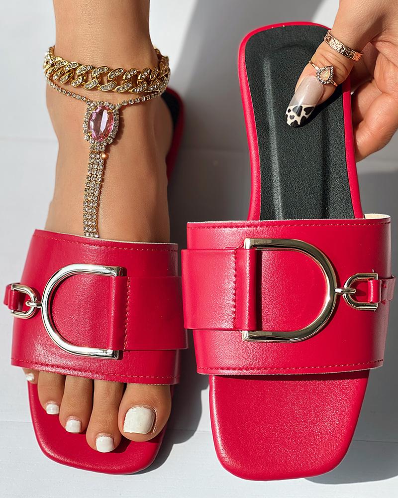 

Buckled Wide Strap Slippers, Red