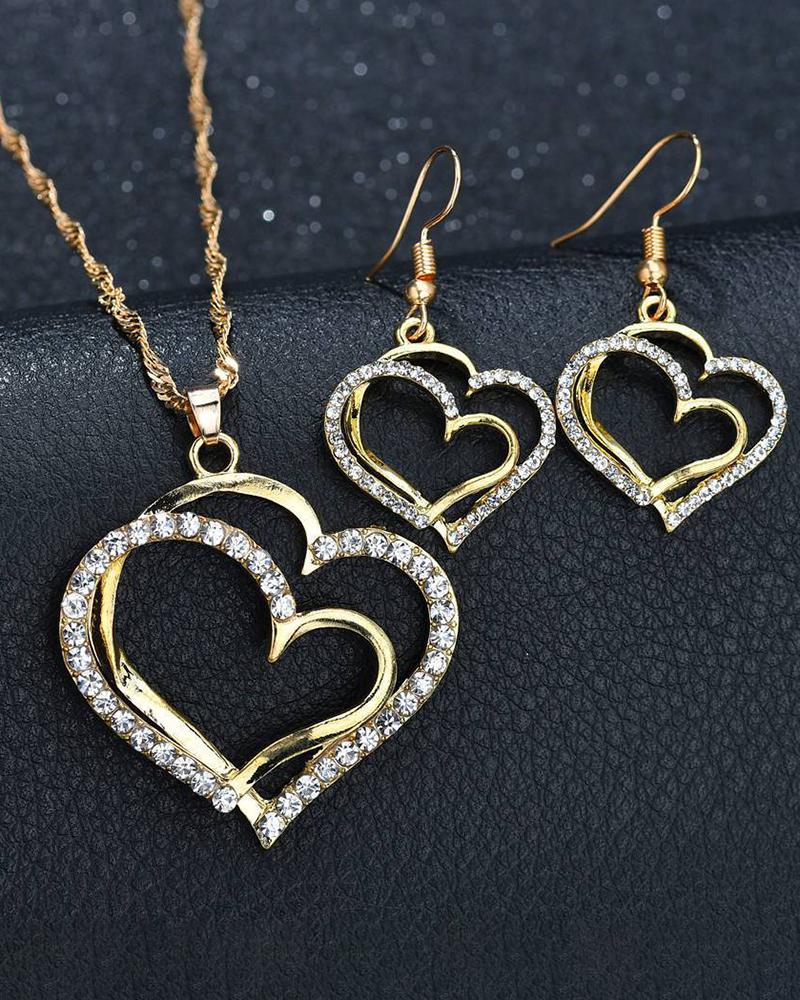 2 piezas de diamantes de imitación de San Valentín ahuecan hacia fuera el collar en forma de corazón y los pendientes de gota conjunto de joyería