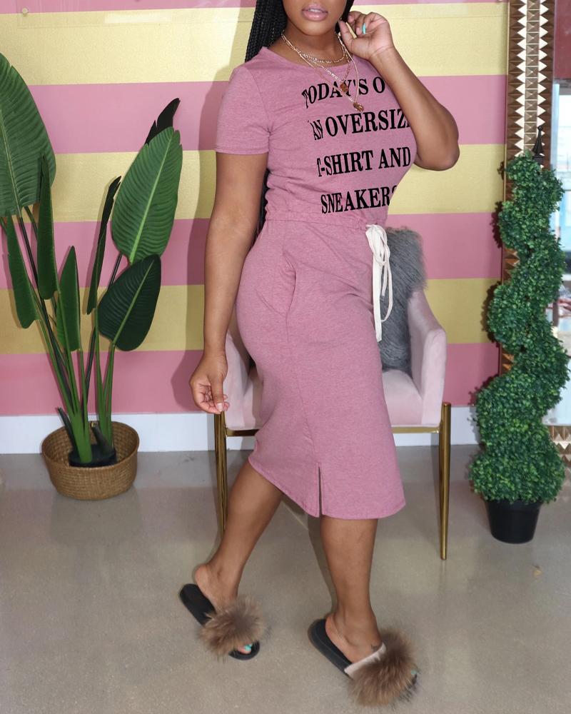 

Letter Print Split Hem Drawstring Casual Dress, Pink