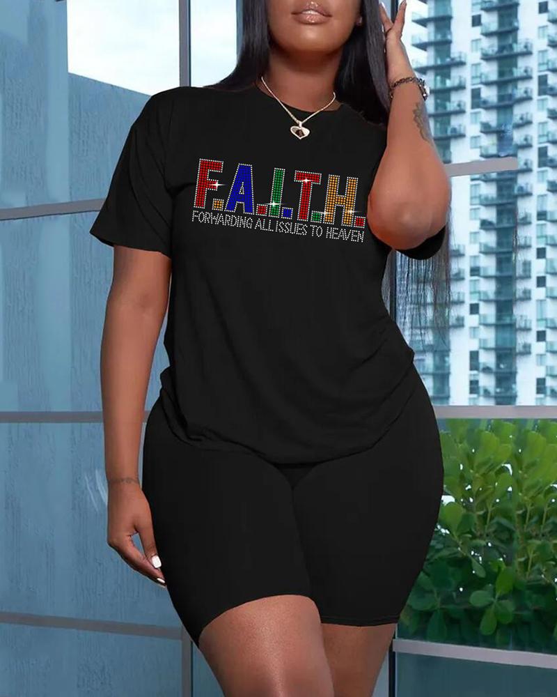 

O-Neck Rhinestone Letter Pattern T-shirt & Shorts Set, Black
