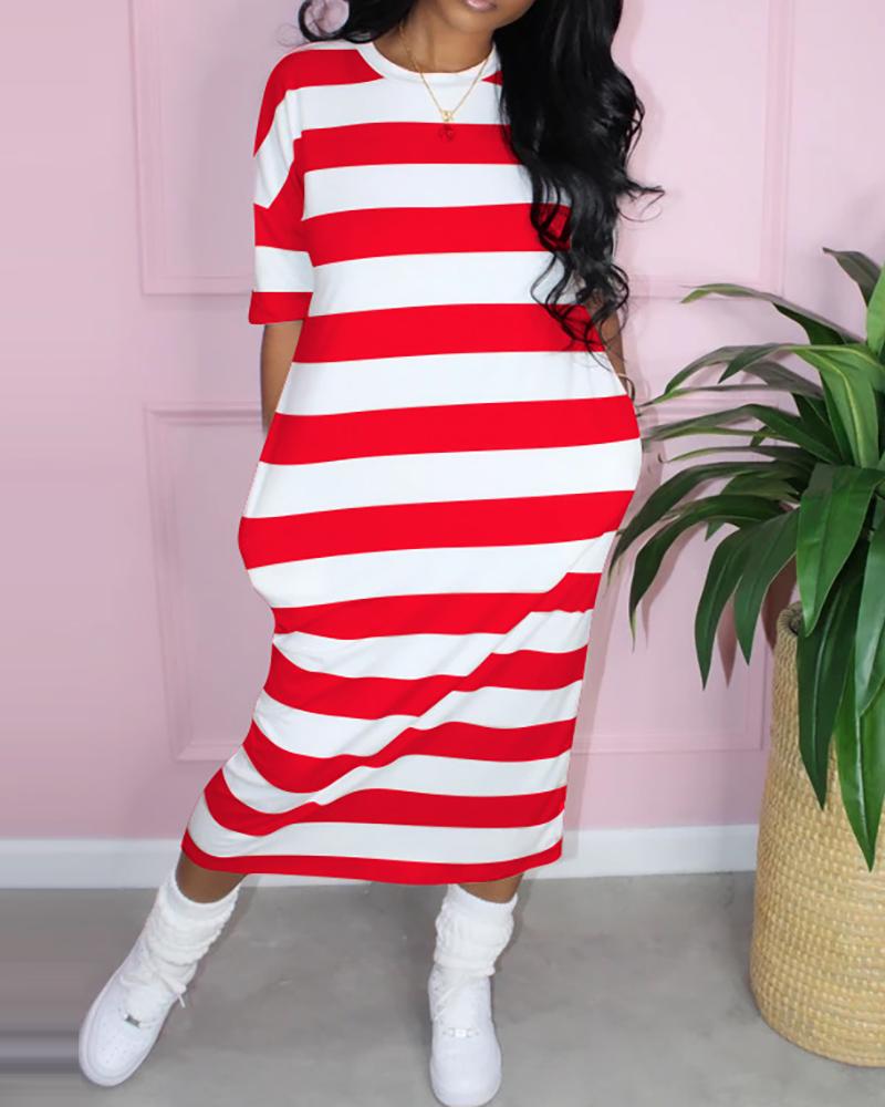 

Striped Colorblock Pocket Design Half Sleeve Casual Dress, Red