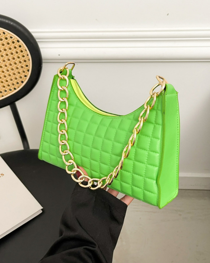 

Quilted Chain Strap Baguette Bag, Light green
