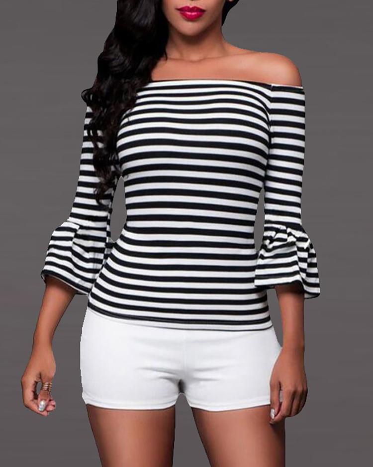 

Flare Sleeve Stripes Off Shoulder T-Shirt, White