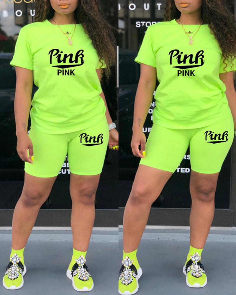 

Short Sleeve Letter Print Top & Shorts Set, Green