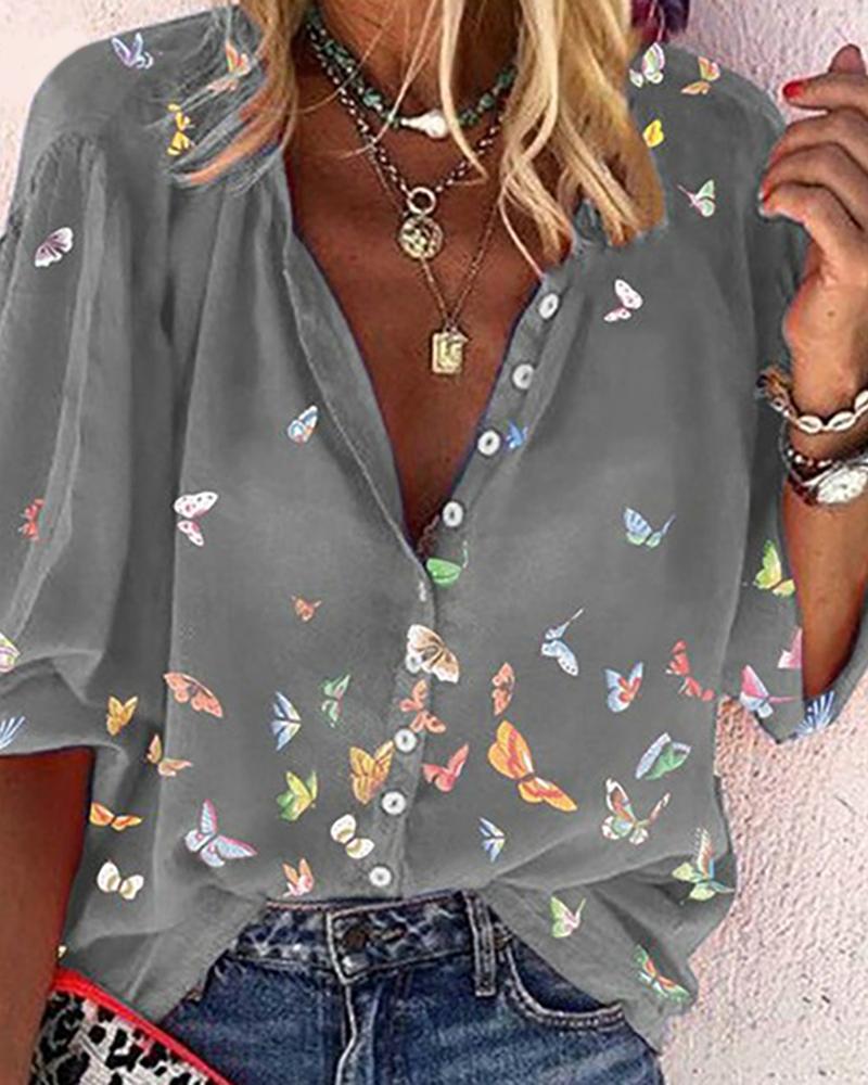 

Butterfly Print Button Front Half Sleeve Shirt, Gray