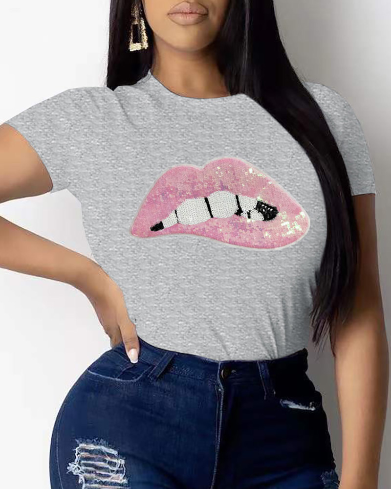 

Short Sleeve Sequins Lip Pattern T-shirt, Gray