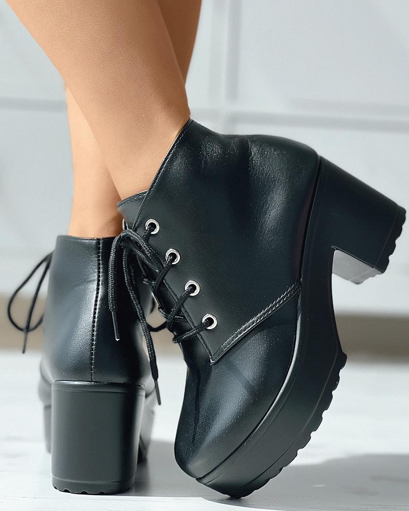 

Eyelet Lace-up Chunky Ankle Boots, Black