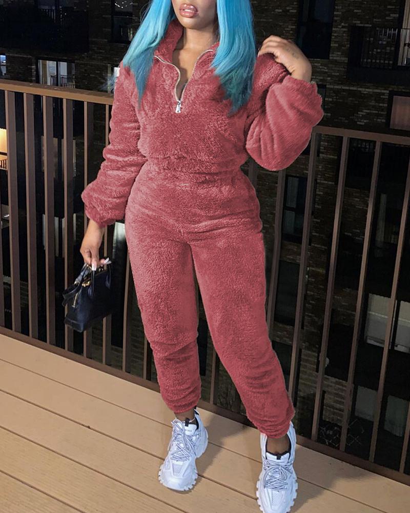 

Long Sleeve Zipper Design Fluffy Top & High Waist Pants Set, Wine red