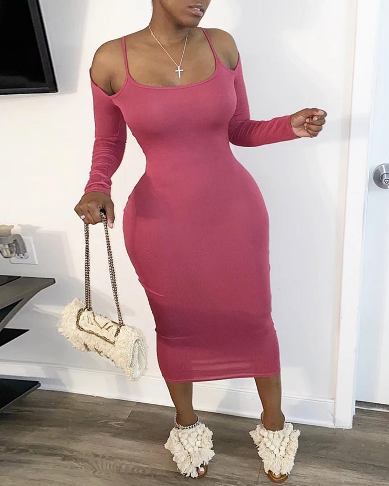 

Cold Shoulder Solid Long Sleeve Fitted Dress, Pink