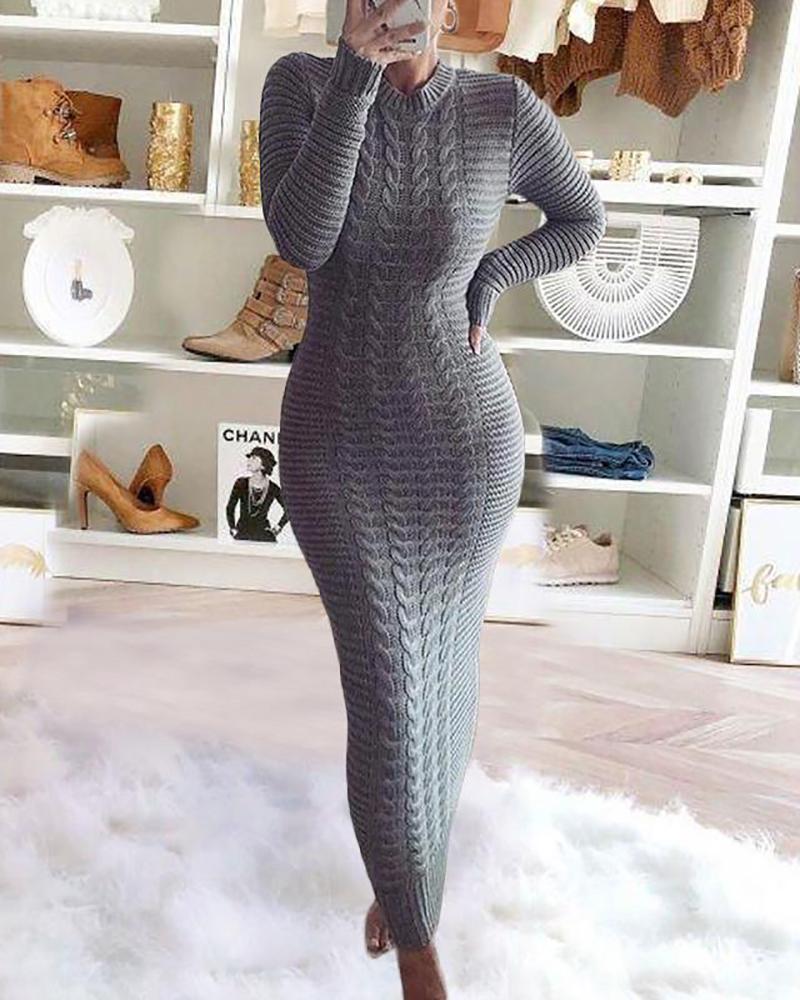 

Braided Knit Long Sleeve Bodycon Dress, Gray