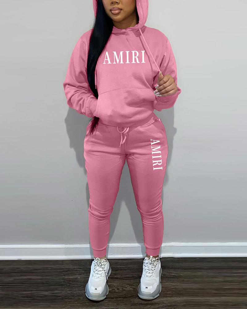 

Letter Print Long Sleeve Hoodie & Drawstring Pants Set, Pink