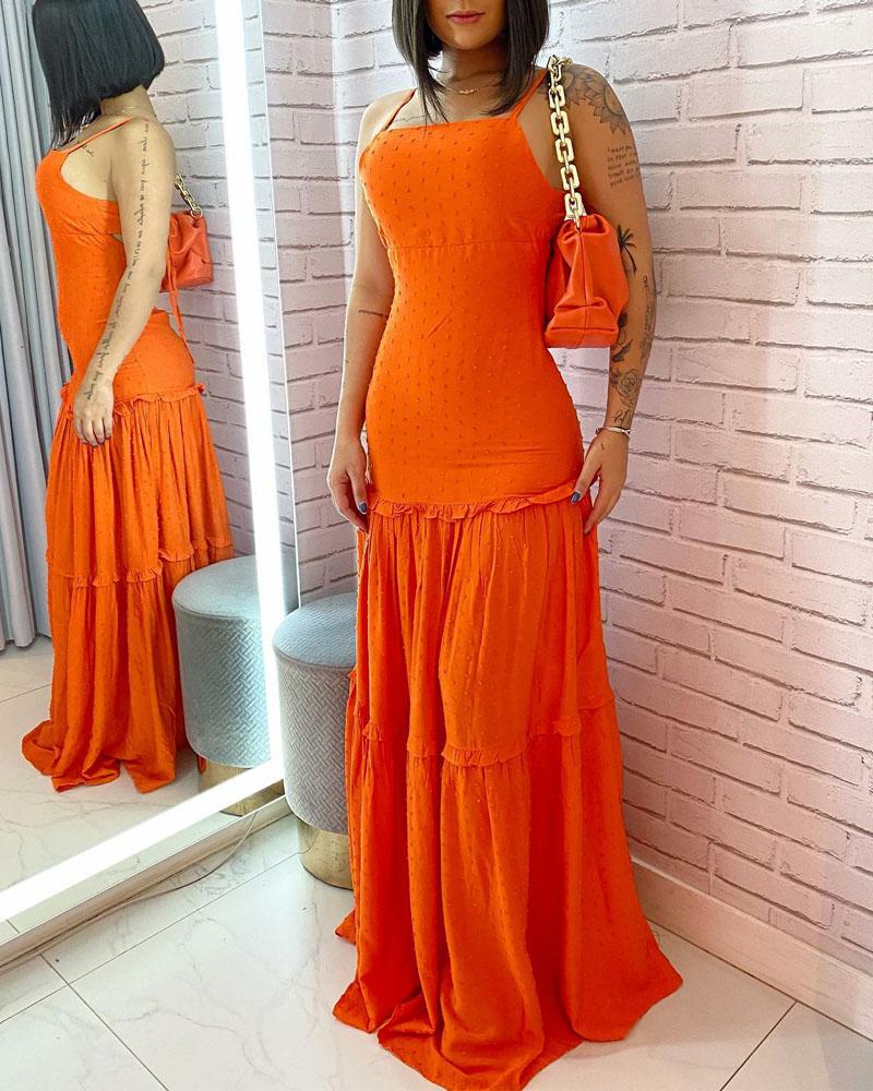 

Spaghetti Strap Swiss Dot Backless Maxi Dress, Orange