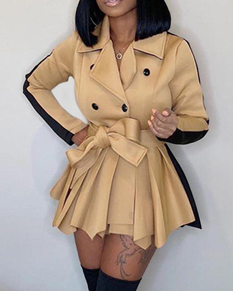 

Colorblock Asymmetrical Hem Double Breasted Belted Coat, Khaki