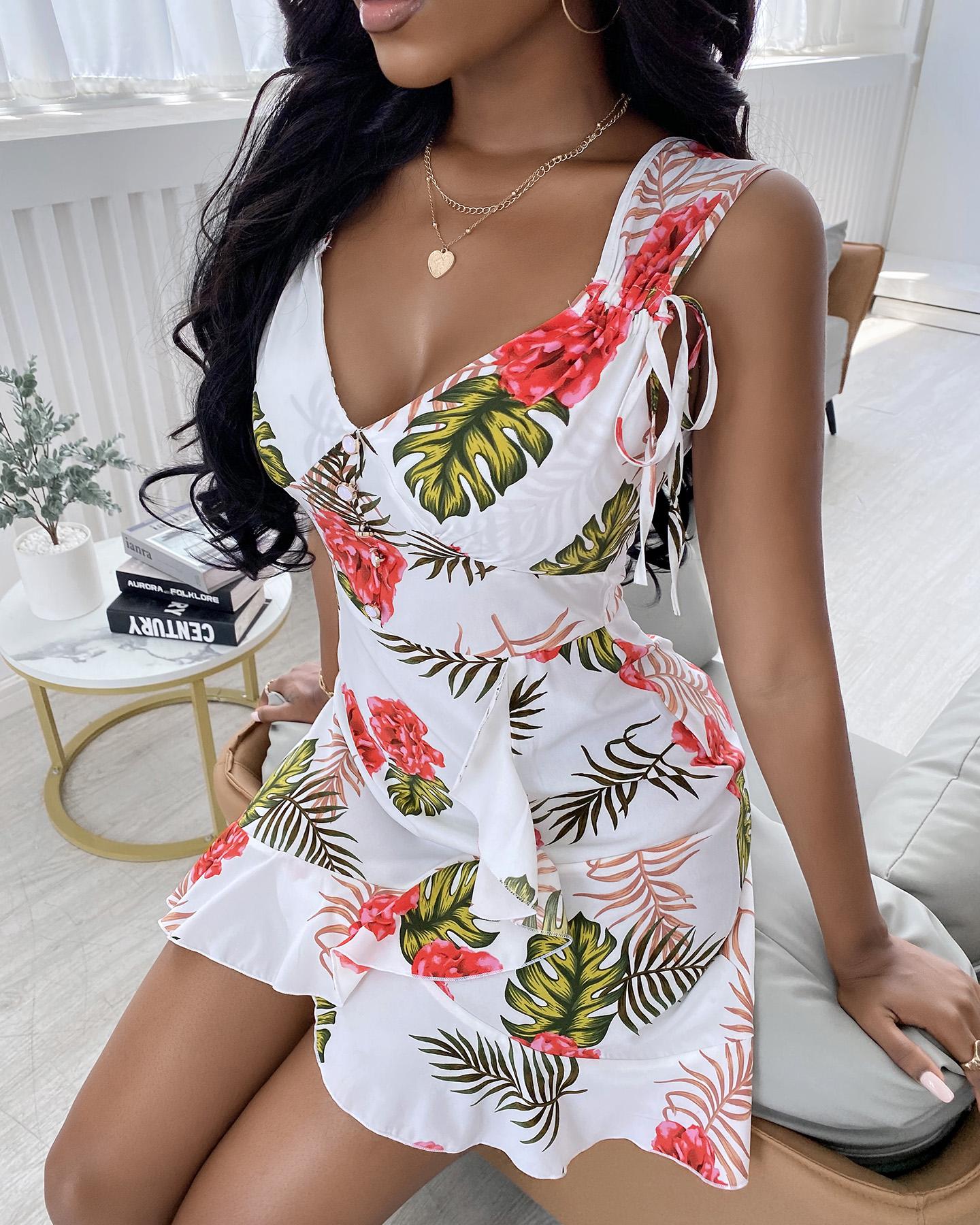 

Tropical Print Tied Detail Ruffles Dress, White