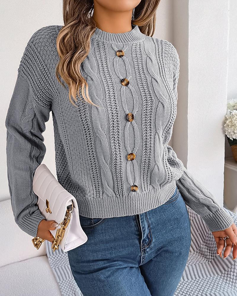 

Mock Neck Long Sleeve Buttoned Braided Knit Sweater, Gray