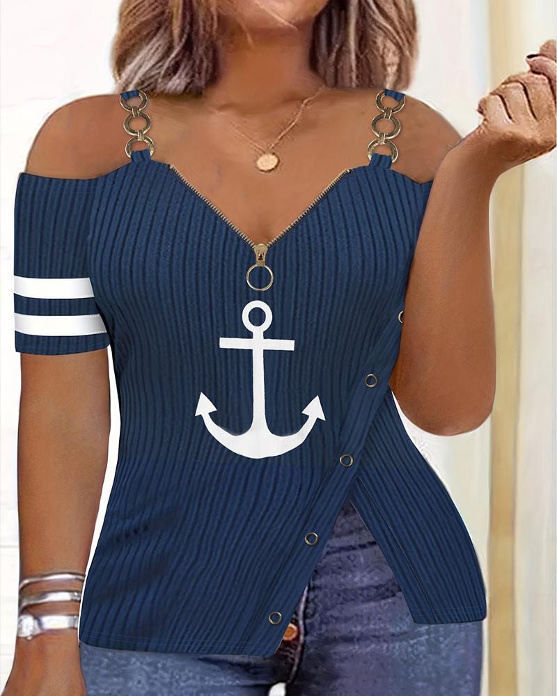 

Plus Size Anchor Print Cold Shoulder Slit Buttoned Top, Dark blue