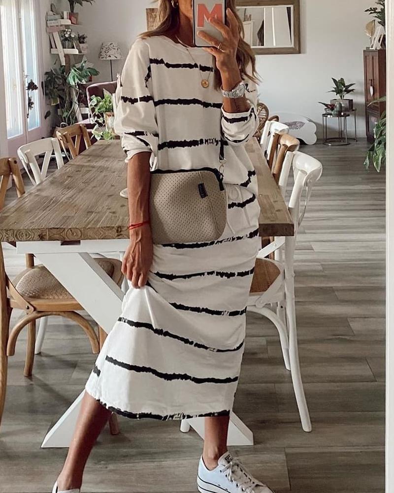 

Striped Print Colorblock Top & Drawstring Skirt Set, White