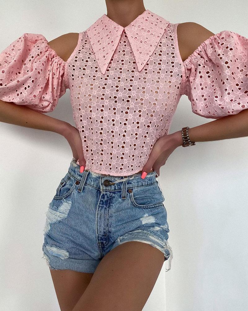 

Cold Shoulder Eyelet Embroidery Puff Sleeve Top, Pink