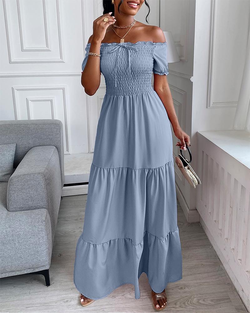 

Off Shoulder Shirring Detail Frill Hem Maxi Dress, Blue