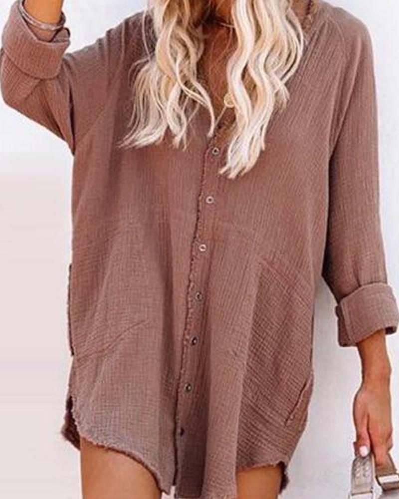 

Button Design Long Sleeve Shirt, Brown