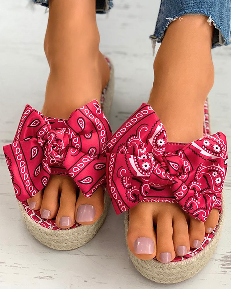 

Print Bowknot Espadrille Platform Sandals, Hot pink