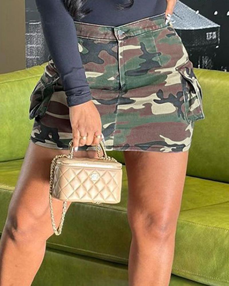 

Camouflage Print Pocket Design Cargo Skirt, Green