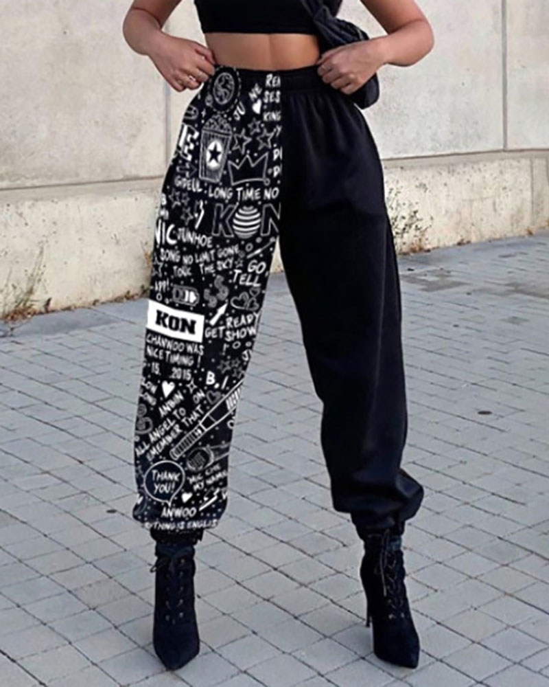 

Halloween Letter Graphic Print Colorblock High Waist Pants, Black