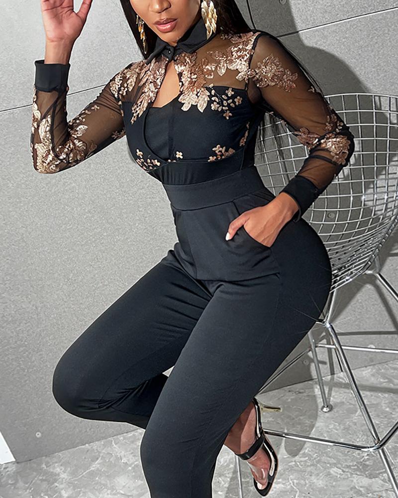 

Contrast Sequin Sheer Mesh Jumpsuit, Black