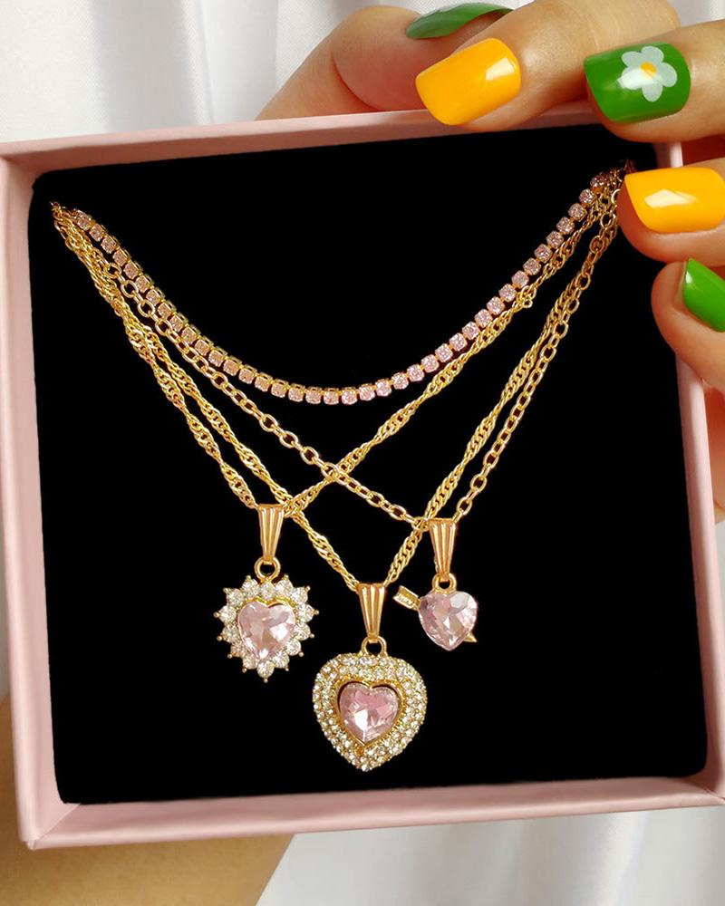 

4pcs Multi Heart Pendant Rhinestone Chain Necklace, Gold