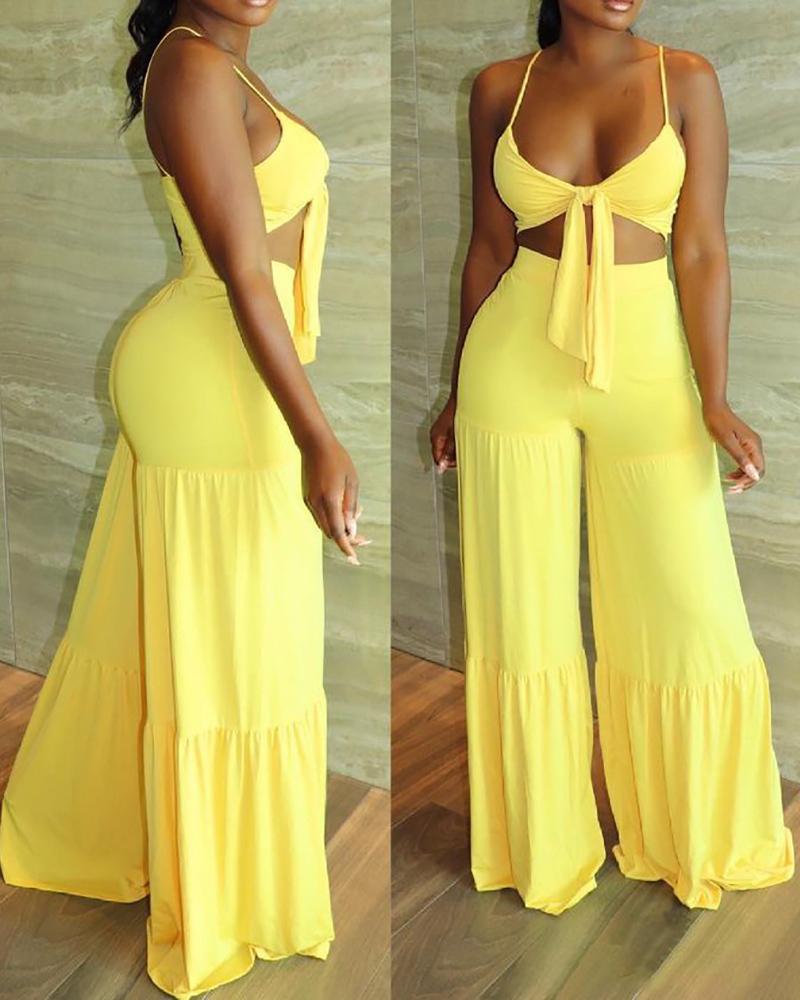 

Knotted Sleeveless Crop Top & Wide Leg Pants Set, Yellow