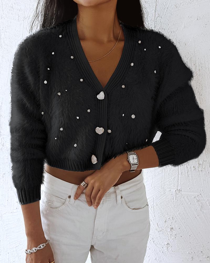 

Fuzzy Heart Button Studded Crop Cardigan, Black