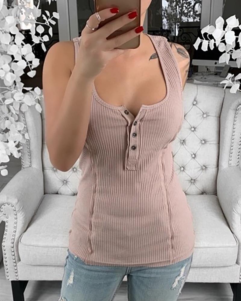 

Ribbed Thick Strap Button Design Casual Top, Khaki