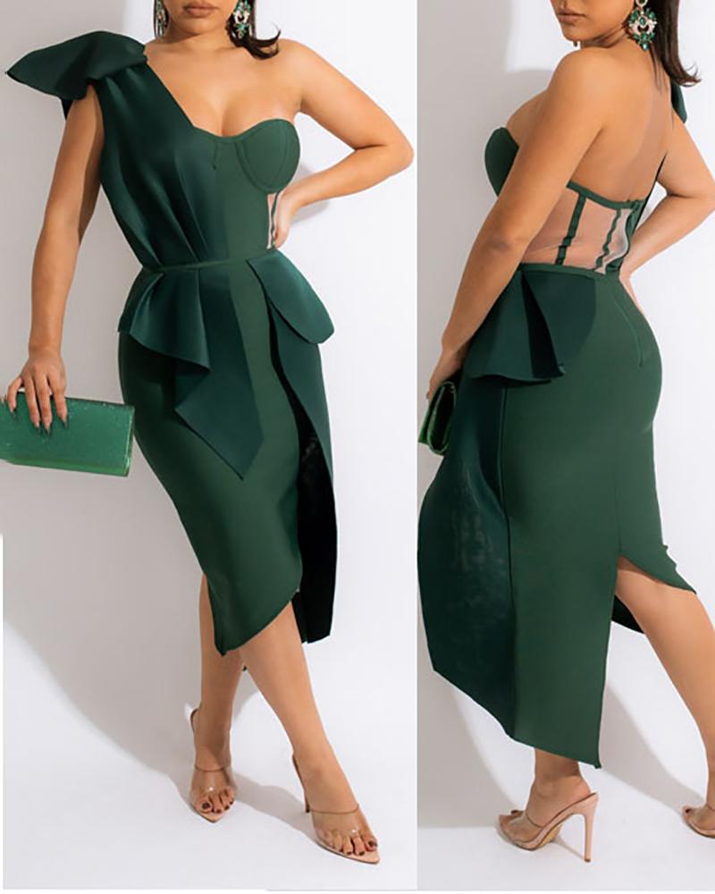

One Shoulder Ruched Slit Party Dress, Green