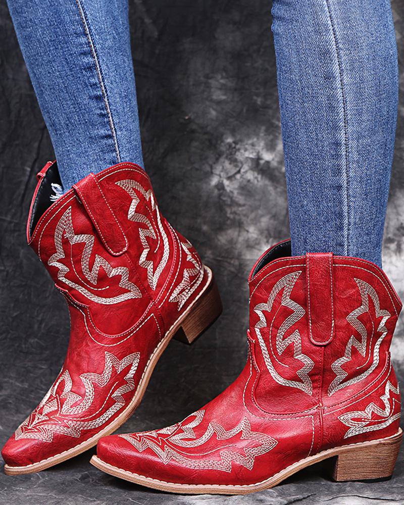 

Embroidery Point Toe Chunky Cowboy Boots, Red