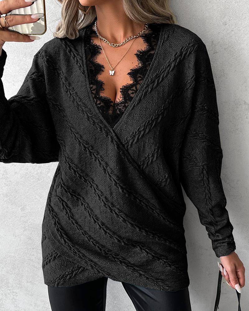 

Lace Trim Overlap Textured Top, Black
