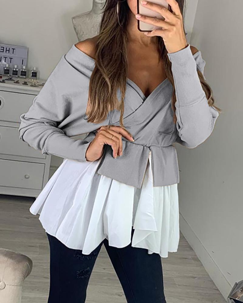 

Off Shoulder Batwing Sleeve Colorblock Insert Ruffles Women Blouse, Gray
