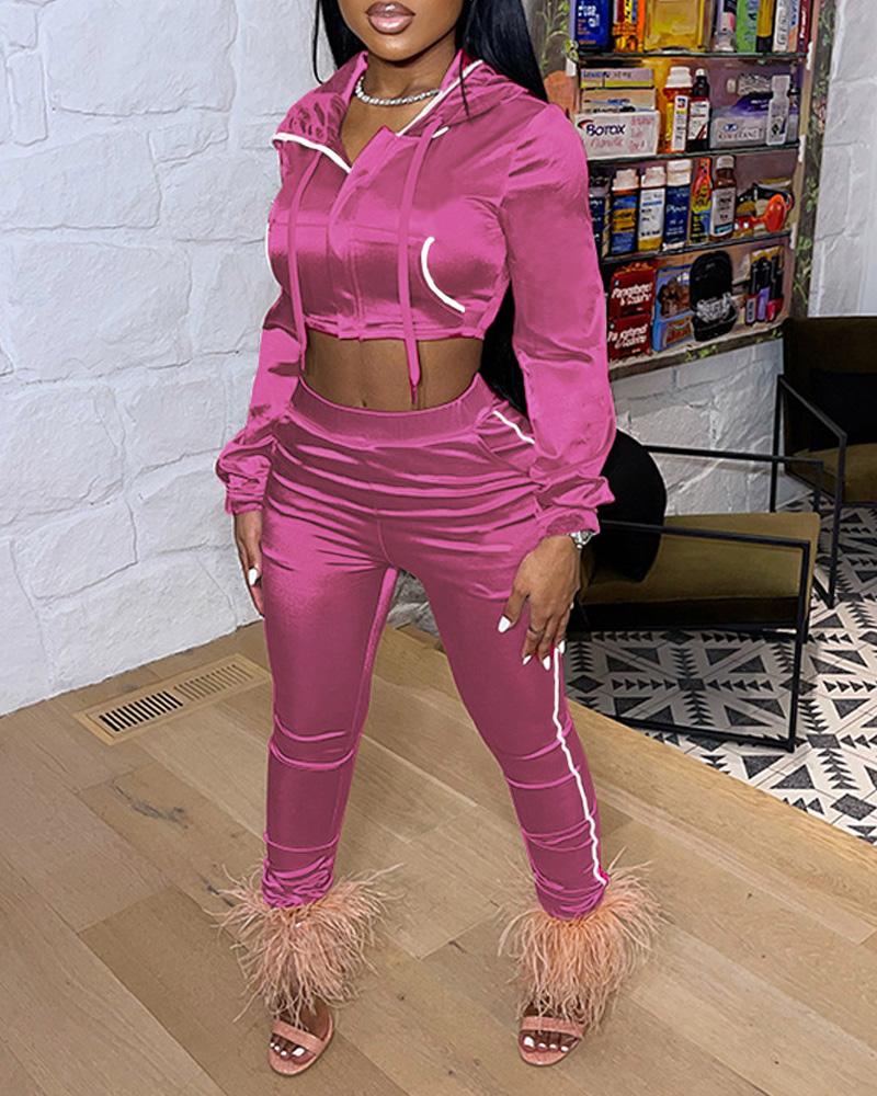 

Velvet Contrast Binding Zip Up Drawstring Crop Hoodie & Pants Set, Hot pink