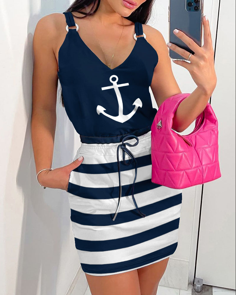 

Boat Anchor Print Cami Top & Striped Skirt Set, Purplish blue