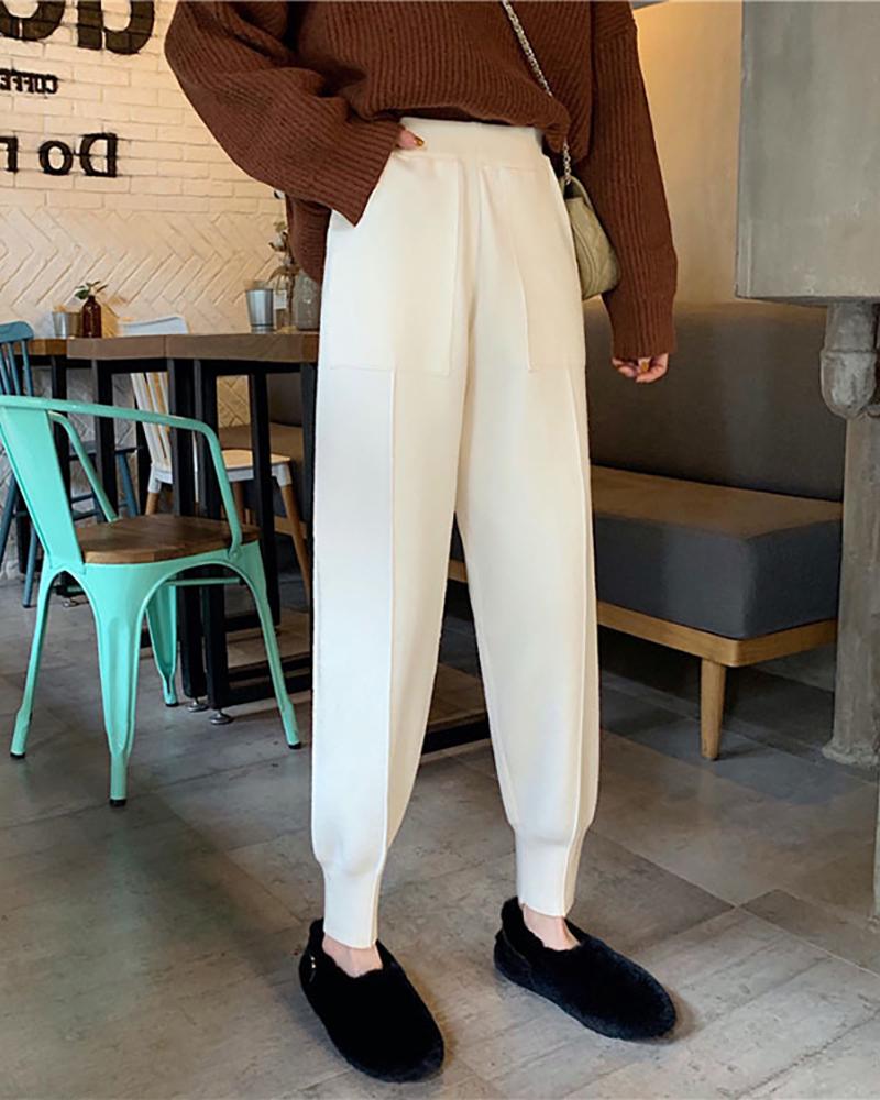 

Plain High Waist Casual Pants, Beige