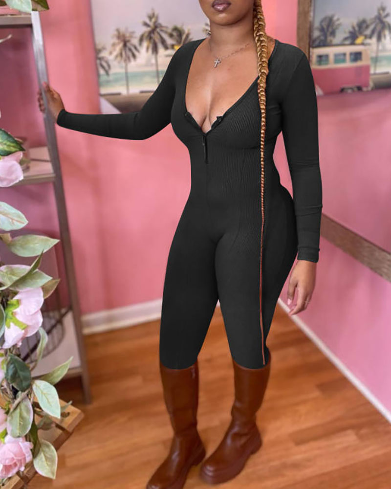 

Long Sleeve Zipper Design Ribbed Jumpsuit, Black