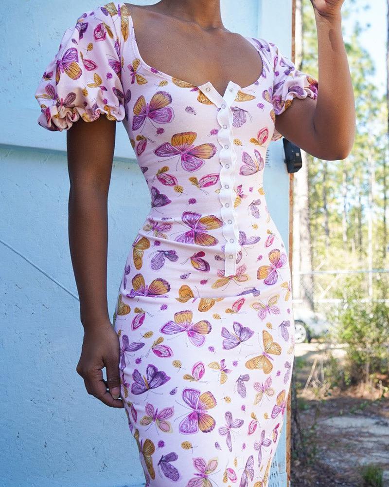 

Butterfly Print Button Front Puff Sleeve Dress, White