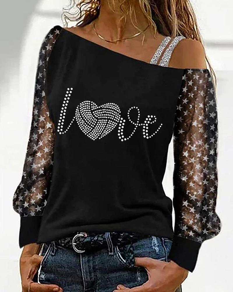 

Sheer Mesh Star Heart Print Lantern Sleeve Top, Style2
